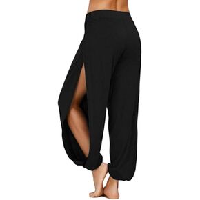 Jedyful Women's Corduroy Harem Pants Elastic Waist Drawstring Side Slit Harem Yoga Pants Beach Trousers with Pockets