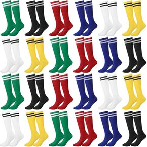 Xtinmee 24 Pairs Kids Soccer Socks Striped Football Youth Knee High Tube Football Socks for Boys Girls Youth Teens, 7-13 Years Old