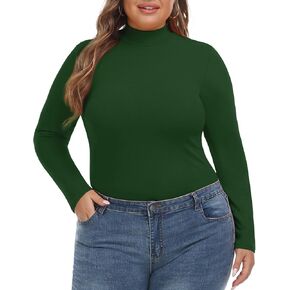 FOREYOND Dark Green Color Plus Size Warm Base Layer Plus Size Turtleneck Shirt Lightweight Long Sleeve Shirt Plus Size Mock Turtleneck Pullover for Women XX