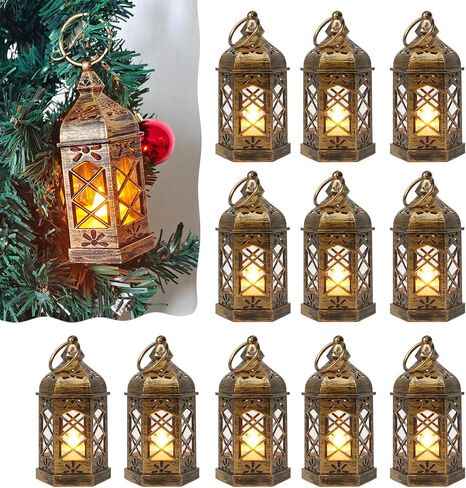 Reperla 12-Pack Mini Lanterns, LED Small Candle Lanterns Decorative, Tea Light Lantern Decoration, Black Hanging Decorative Lantern, Table Centerpiece for Wedding Xmas Ramadan Decor, Battery Included in Kuwait