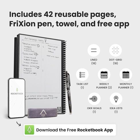 مخطط ومفكرة Rocketbook، Fusion: مخطط ومفكرة ذكية قابلة لإعادة الاستخدام | تحسين الإنتاجية باستخدام مخطط الكمبيوتر المحمول المتصل رقميًا | منقط، 8.5 بوصة × 11 بوصة، 42 صفحة، رمادي داكن in Kuwait