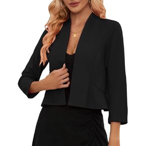 Women's Casual Cropped Blazer 3/4 Sleeve Collarless Open Front Ruffle Work Office Cardigan Suit Jacket Shrug