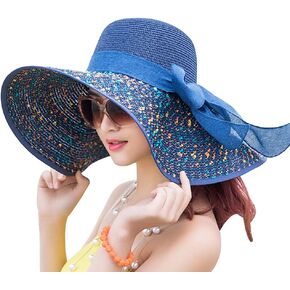 Womens Sun Straw Hat Wide Brim Summer Hat Foldable Beach Hats Floppy Roll up Cap Sunhat with Bowknot Hot Pink