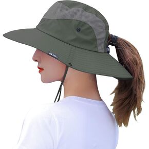 Mukeyo Womens Ponytail Sun Hat Summer Wide Brim Outdoor UV Protection Mesh Bucket Cap for Beach Fishing Gardening
