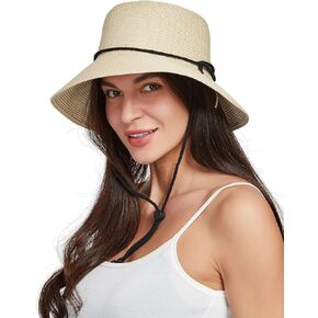 Gisdanchz Women Wide Brim Straw Hat with Chin Strap for Summer UV Sun Protect