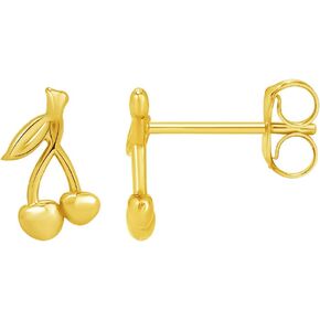 Solid 14k Yellow Gold Cherry Fruit Stud Earrings with Push Back