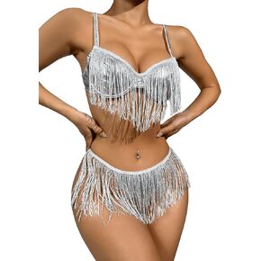 SweatyRocks Women's Nightwear 2 Piece Spaghetti Strap Metallic Underwire Bra and Panties Fringe Tassels Trim Lingerie Set