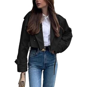 Women's Cropped Trench Coat Casual Lapel Double Breasted Short Jacket Outerwear with Belt