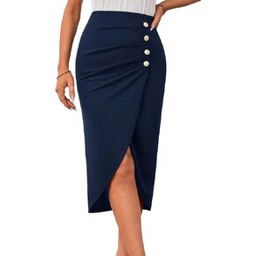 SweatyRocks Women's High Waisted Ruched Wrap Asymmetrical Hem Pencil Skirt Solid Button Front Midi Skirts