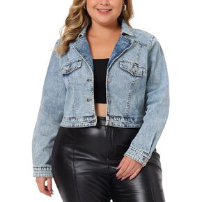 Agnes Orinda Plus Size Denim Jackets for Women Button Down Long Sleeve Washed Crop Top Jean Jacket