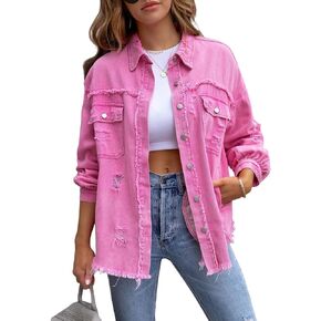 LifeShe Women's Denim Jacket Oversized Button Down Jean Shirts Shacket Ripped Distressed Frayed Coat