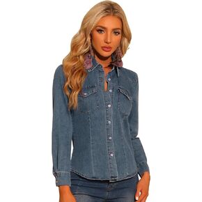 Allegra K Women's Button Down Jean Shirt Casual Classic Western Denim Lightweight Jacket Shirts