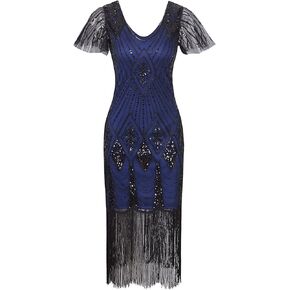Vijiv Women's 1920s Gatsby Inspired Sequin Beads Long Fringe Flapper Dress with Sleeves