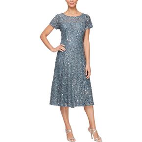 S.L. Fashions Women's Tea Length Cap Sleeve Sequin Lace A-Line Dress, Steel Blue in Kuwait