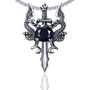 Xusamss Punk Titanium Steel Wing Dragon Crystal Pendant Sword Necklace,24inches Link Chain