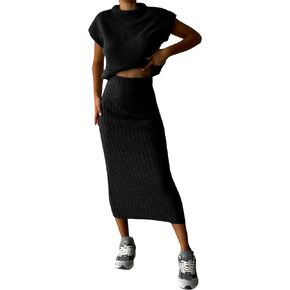 Zhiyouni Women's 2 Piece Sweater Sets Outfits Knit Vest Pullover Bodycon Maxi Skirts Loungewear