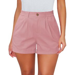 luvamia Shorts for Women High Waisted Dressy Casual Cotton Stretch Twill Elastic Wasit Pleated Summer Shorts with Pocket