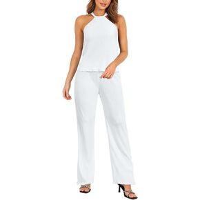 Salimdy Casual 2 Piece Outfit for Women Sleeveless Ruffle Halter Tank Tops and Flare Pleated Wide Leg Pants Sets Streetwear