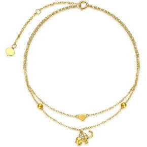 14K Solid Gold Lucky Elephant Anklet for Women, Real Gold Layered Heart Anklet Bracelet Fine Jewelry Anniversary Birthday Mother's Day Gifts for Her, Wife, Mom, Girlfriend, 8''+2''