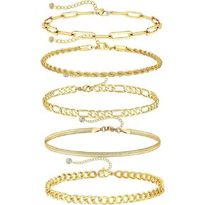 5Pcs14k Gold Plated Ankle Bracelets for Women, Waterproof Layered Cuban Figaro Link Chain Anklets Set Adjustable Size Gold Anklets Jewelry Gift