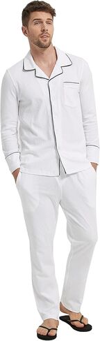 Pajamas Set for Men, Cotton Classic Long Sleeve Comfy Breathable Lounge Button-Down Pj Set Sleepwear Loungewear in Saudi Arabia