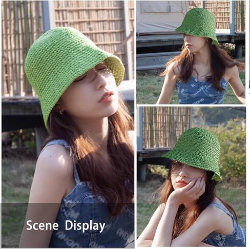 Straw Sun Hat for Women Girls,Foldable Woven Bucket Hat Fishing Hat,Floppy Summer Beach Hat Reversible Pool Hat,Sun Protective Green, Green, One size in Kuwait