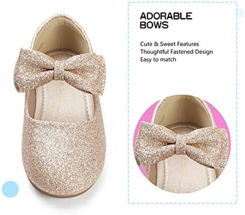 حذاء Hehainom للأطفال الصغار/الفتيات الصغيرات Alisa Mary Jane فستان باليه مسطح للفتيات الزهور مع فيونكة للمدرسة الحفلات (ذهبي لامع، 5 M US طفل صغير) in Kuwait