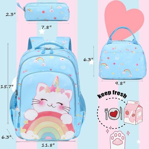 حقيبة ظهر Jumpopack Unicorn للفتيات حقيبة ظهر مدرسية للفتيات الابتدائية مع صندوق غداء حقيبة مدرسية خفيفة الوزن مقاومة للماء حقيبة كتب للأطفال في مرحلة ما قبل المدرسة، قطة وحيد القرن in Saudi Arabia