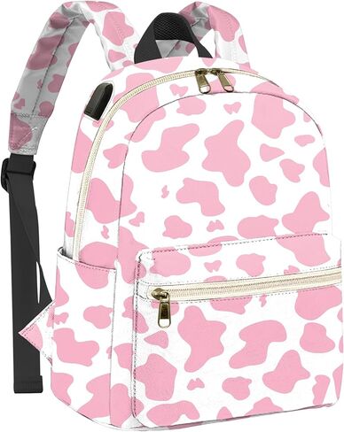 حقيبة ظهر صغيرة من BHAHB، حقيبة ظهر صغيرة، حقيبة كتف خفيفة الوزن مع منفذ شحن USB، للنساء اليومية - نمط غربي بقرة وردي in Kuwait