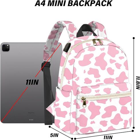 حقيبة ظهر صغيرة من BHAHB، حقيبة ظهر صغيرة، حقيبة كتف خفيفة الوزن مع منفذ شحن USB، للنساء اليومية - نمط غربي بقرة وردي in Kuwait