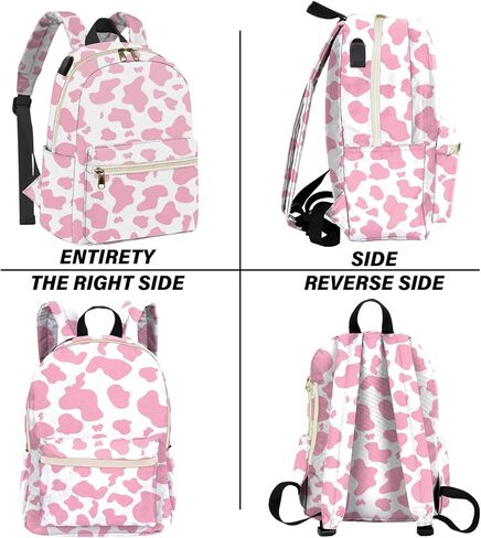 حقيبة ظهر صغيرة من BHAHB، حقيبة ظهر صغيرة، حقيبة كتف خفيفة الوزن مع منفذ شحن USB، للنساء اليومية - نمط غربي بقرة وردي in Kuwait