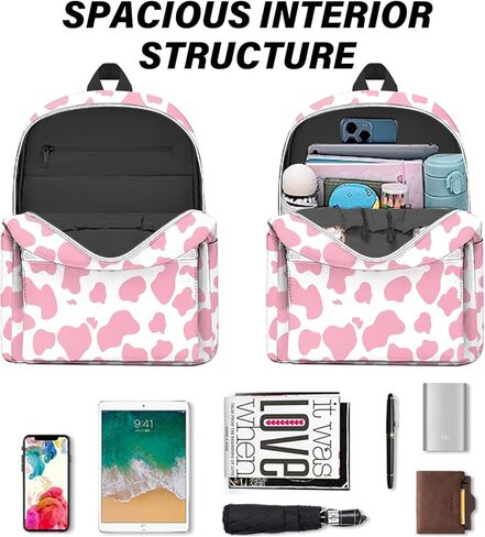 حقيبة ظهر صغيرة من BHAHB، حقيبة ظهر صغيرة، حقيبة كتف خفيفة الوزن مع منفذ شحن USB، للنساء اليومية - نمط غربي بقرة وردي in Kuwait