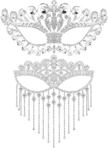 نوسيني قناع تنكري مرصع بحجر الراين للنساء والفتيات، قناع بتصميم سلسلة مرصع بالالماس وكريستال فاخر للحفلات الراقصة والحفلات التنكرية، مجوهرات للحفلات التنكرية من قطعتين بلون فضي in Kuwait