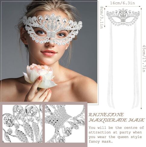 نوسيني قناع تنكري مرصع بحجر الراين للنساء والفتيات، قناع بتصميم سلسلة مرصع بالالماس وكريستال فاخر للحفلات الراقصة والحفلات التنكرية، مجوهرات للحفلات التنكرية من قطعتين بلون فضي in Kuwait