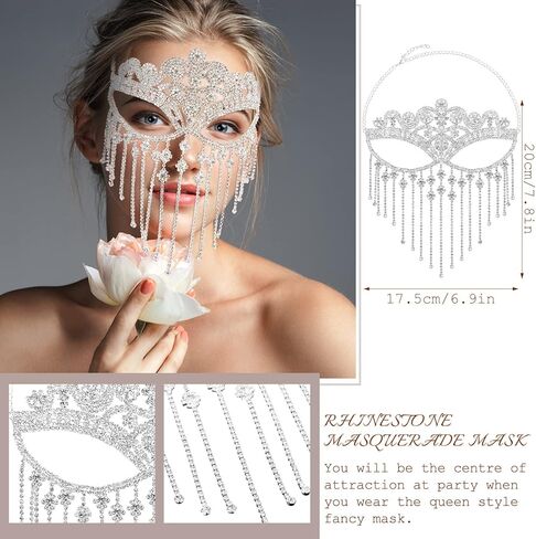 نوسيني قناع تنكري مرصع بحجر الراين للنساء والفتيات، قناع بتصميم سلسلة مرصع بالالماس وكريستال فاخر للحفلات الراقصة والحفلات التنكرية، مجوهرات للحفلات التنكرية من قطعتين بلون فضي in Kuwait