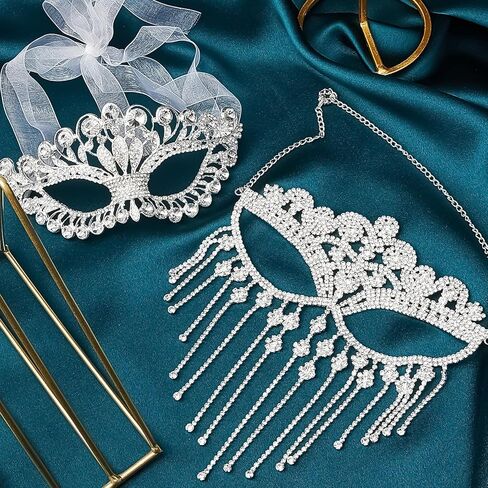 نوسيني قناع تنكري مرصع بحجر الراين للنساء والفتيات، قناع بتصميم سلسلة مرصع بالالماس وكريستال فاخر للحفلات الراقصة والحفلات التنكرية، مجوهرات للحفلات التنكرية من قطعتين بلون فضي in Kuwait