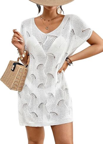 Women's Bathing Suit Cover Up for Beach Pool Batwing Short Sleeve V-Neck Side Split Swimwear Solid Crochet Dress in Saudi Arabia