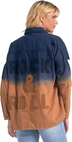 ELAN Women's Delilah Rock & Roll Graphic Snap-Front Denim Shirt Jacket in Kuwait