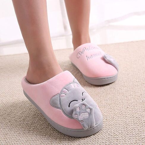 Ladies Cute Cat Animal Plush Slip On Winter Warm Bedroom Shoes Non Slip House Slippers for Women Men in Saudi Arabia