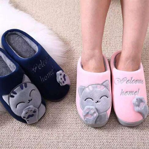 Ladies Cute Cat Animal Plush Slip On Winter Warm Bedroom Shoes Non Slip House Slippers for Women Men in Saudi Arabia