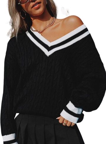InterNos Women's Casual V Neck Long Sleeve Sweater Trendy Striped Pullover Cable Knit Preppy Sweaters in Saudi Arabia