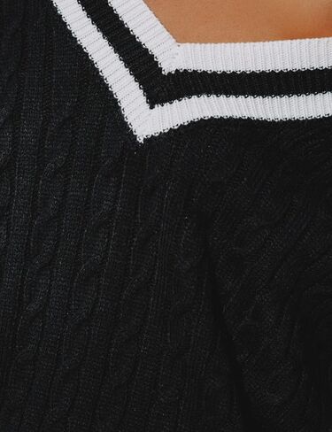 InterNos Women's Casual V Neck Long Sleeve Sweater Trendy Striped Pullover Cable Knit Preppy Sweaters in Saudi Arabia