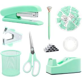 Black Desk Accessories, Office Supplies Set with Stapler, Tape Dispenser, Staple Remover, Pen Holder, Scissor, Binder/Paper Clips, Ballpoint Pen, Clear Tape and 1000pcs Staples