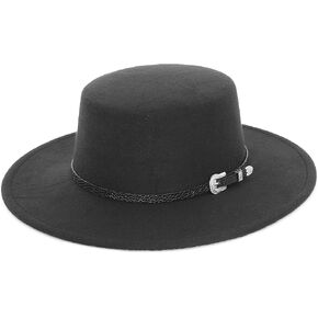 Women Men 100% Wool Classic Felt Fedora Hat Wide Brim Flat Top Jazz Panama Hat with Belt Buckle Casual Party Church Hat Black