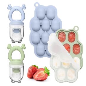 Baby Breastmilk Popsicle Molds & Baby Fruit Feeder (2 Pack), KingKam Baby Food Freezer Tray Storage Containers, Silicone Pacifier Feeder and Teether