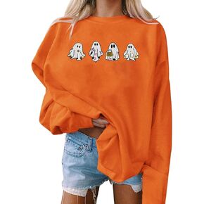 Halloween Spooky Season Oversized Sweatshirt Women Cute Ghost Sweatshirts Fall Embroidered Sweater Pullover Top