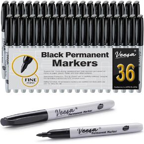 VEESA Permanent Markers Fine Tip, Black, 36 Pack Waterproof, Smear Proof, Quick Drying Permanent Marker Pens for Office, School, Home
