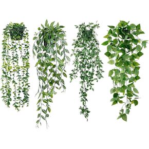 Sggvecsy Fake Hanging Plants 4 Pack Artificial Hanging Plants Fake Potted Greenery Faux Eucalyptus Vine String of Pearls Boston Fern Ivy Vine Leaves for Home Indoor Outdoor Shelf Wall Garden Decor