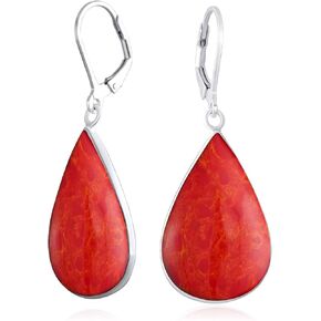 Simplistic Boho Fashion Gemstone Inlay Long Flat Teardrop Shaped Dangle Earrings Western Style For Women Teens .925 Sterling Silver Fish Hook Wire Threader