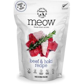 شركة New Zealand Natural Pet Food Co. Meow Beef & Hoki تجميد طعام القطط الخام المجفف، أو الخلاط، أو الطبقة العلوية، أو العلاج - نسبة عالية من البروتين، طبيعي، وصفة ذات مكونات محدودة 1.7 أونصة